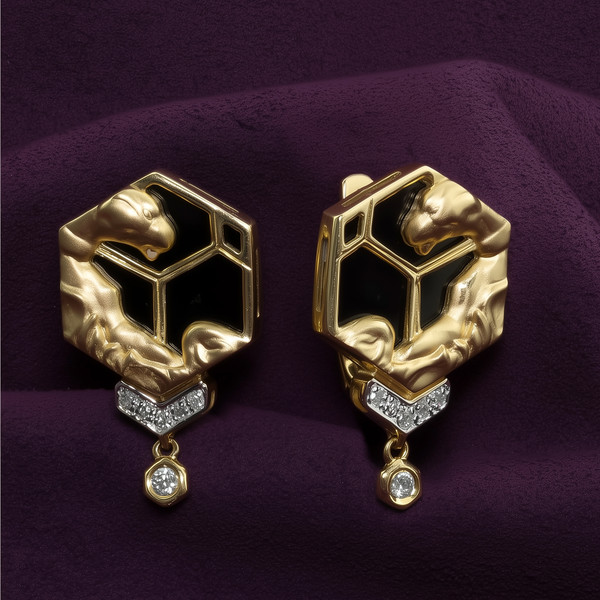 Серьги из лимонного золота 585 пробы c бриллиантами и ониксом