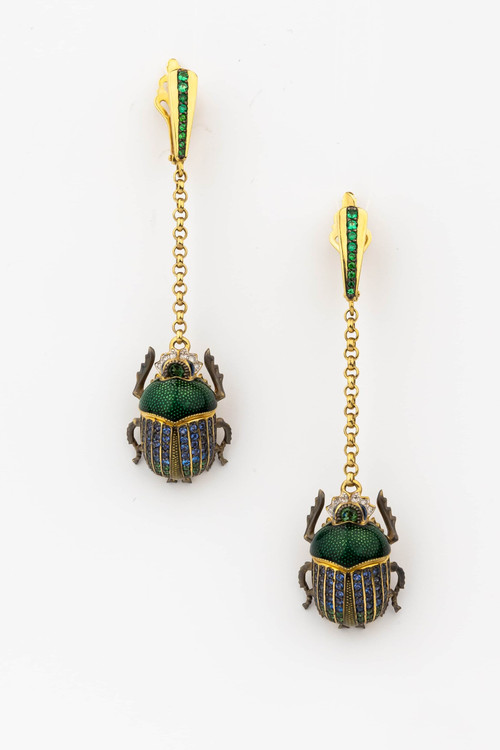 Серьги из лимонного золота 585 пробы c эмалью, фианитом, турмалином и сапфиром