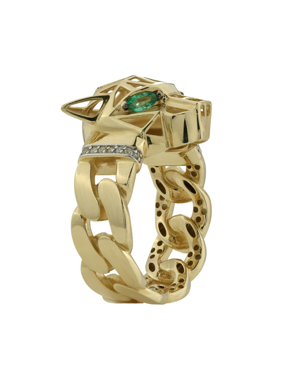 Кольцо из лимонного золота 585 пробы c бриллиантами и изумрудом