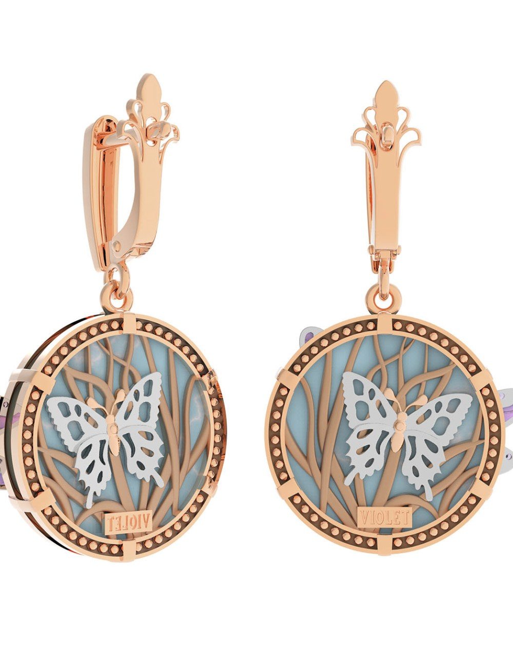 Серьги из золота c бирюзой, аметистом и эмалью