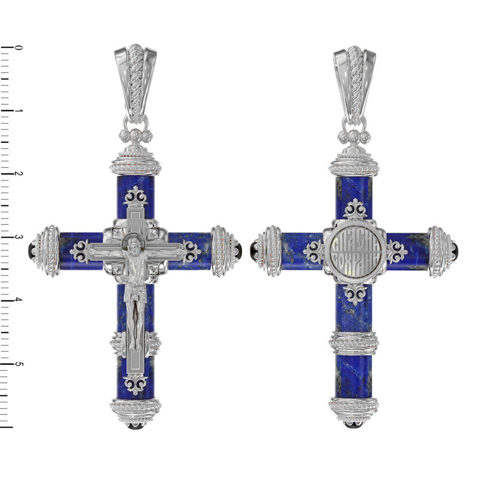 Крест из белого золота 585 пробы c ониксом и лазуритом