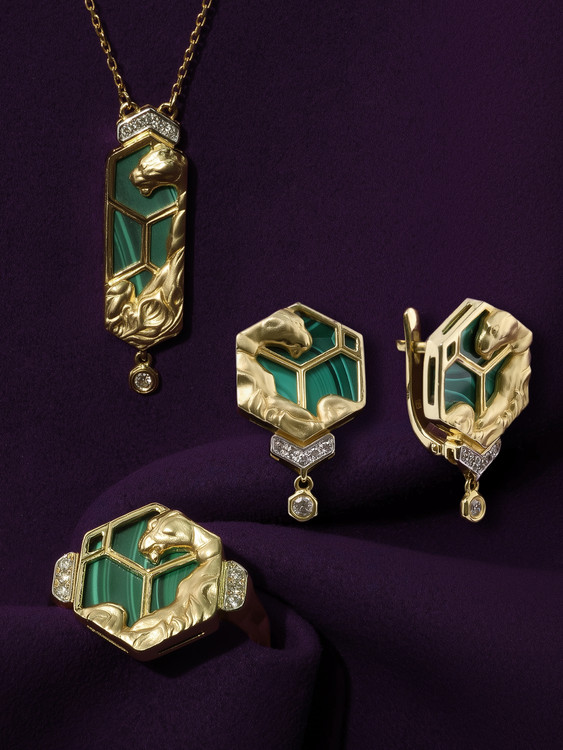 Колье из лимонного золота 585 пробы c бриллиантами и малахитом