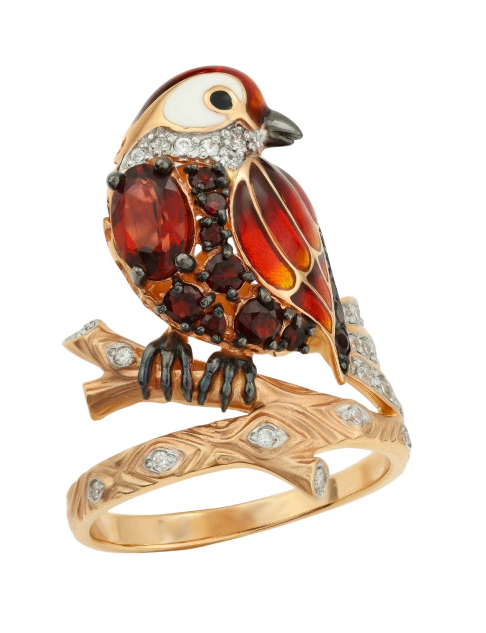 Кольцо из золота c эмалью, фианитом и гранатом