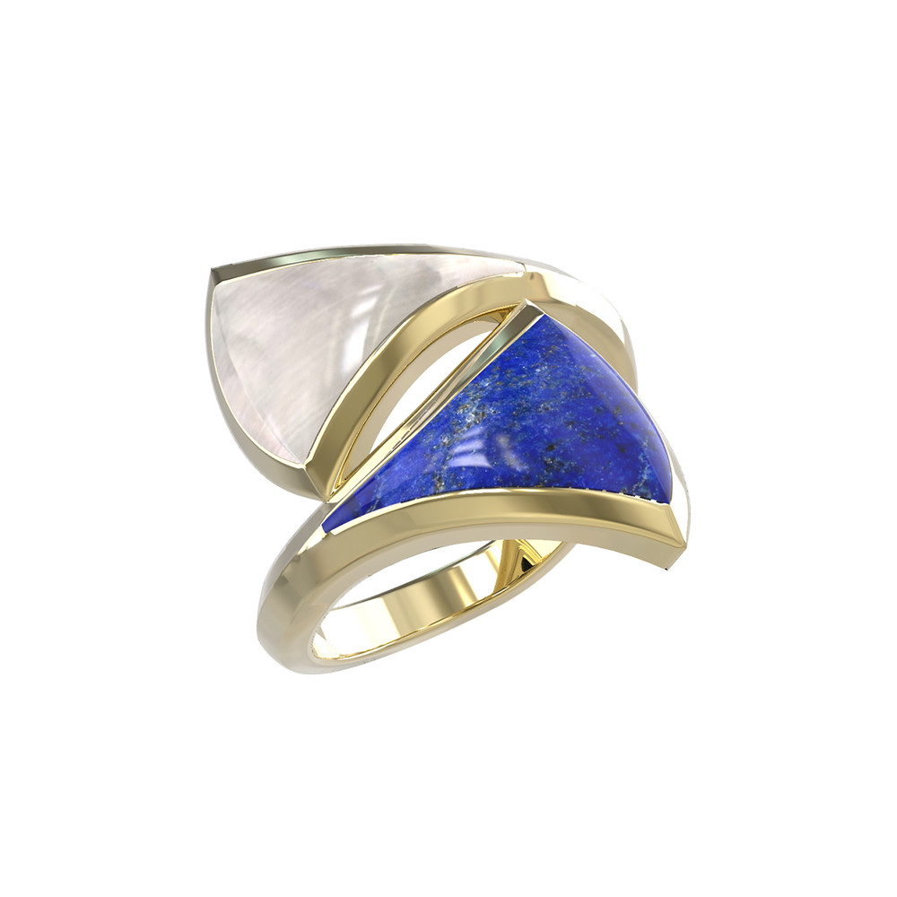 Кольцо из лимонного золота 585 пробы c лазуритом и перламутром