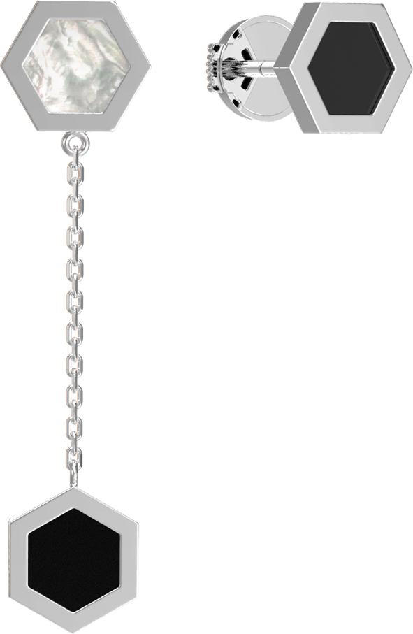 Серьги из белого золота 585 пробы c ониксом и перламутром