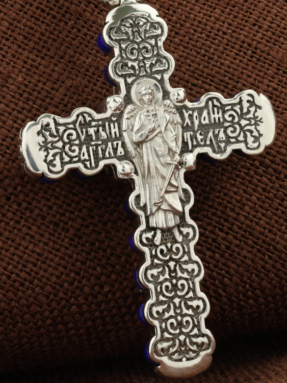 Крест из белого золота 585 пробы c лазуритом