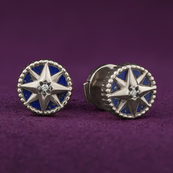 Серьги из белого золота 585 пробы c бриллиантами и лазуритом