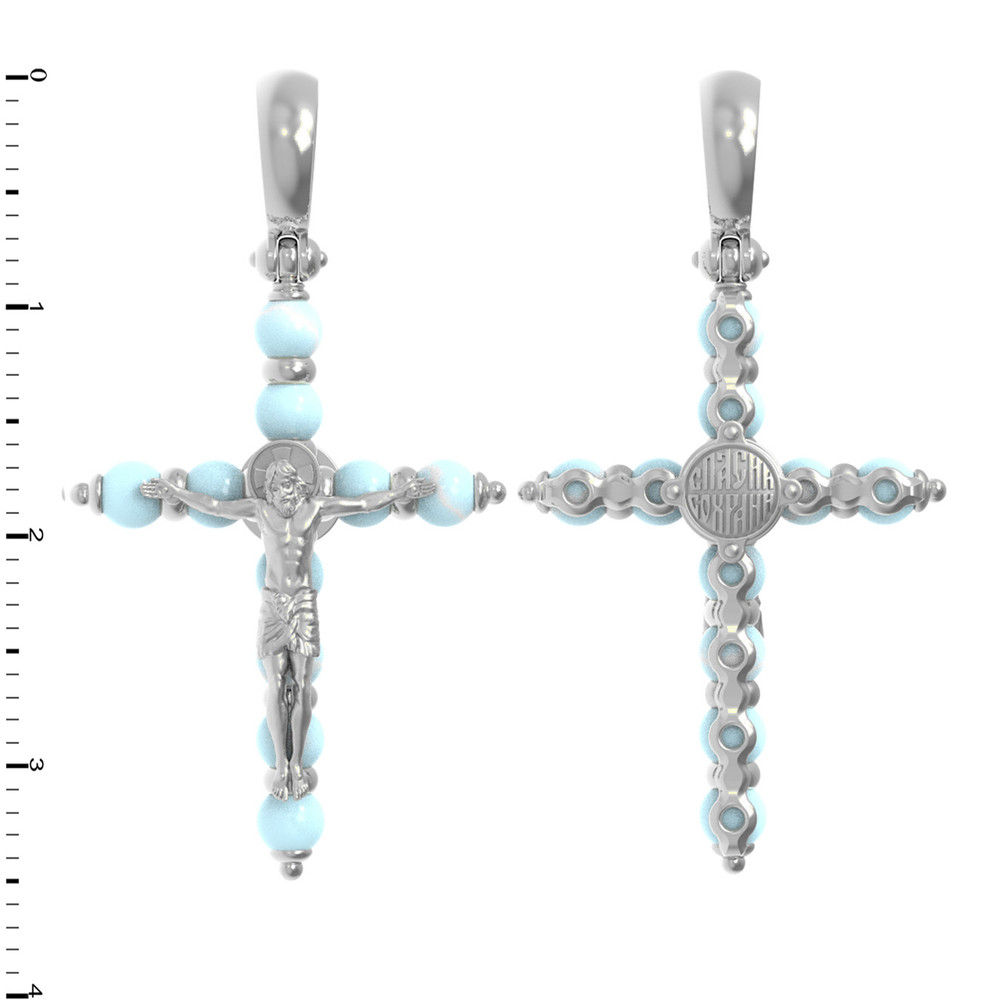 Крест из белого золота 585 пробы c бирюзой