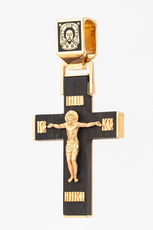 Крест из красного золота 585 пробы c эмалью и эбеновым деревом