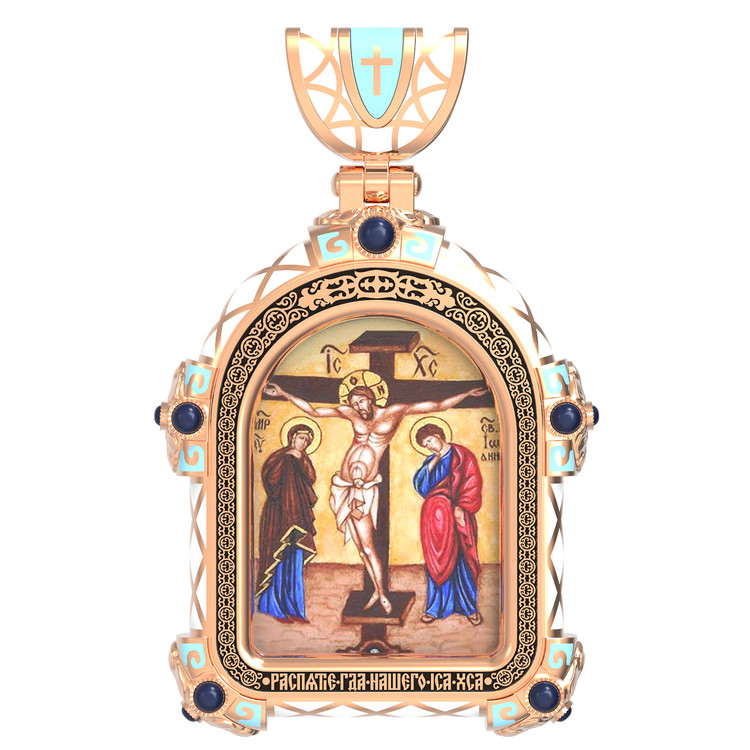 Нательная икона из красного золота 585 пробы c эмалью, иконописью и темперой