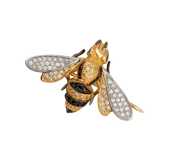 Брошь из лимонного золота 585 пробы c эмалью и фианитом