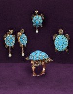Серьги из золота 585 пробы c эмалью, жемчугом и бирюзой