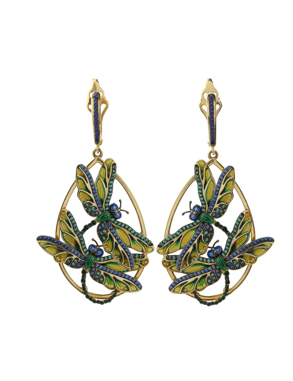 Серьги из лимонного золота c сапфиром, изумрудом и эмалью