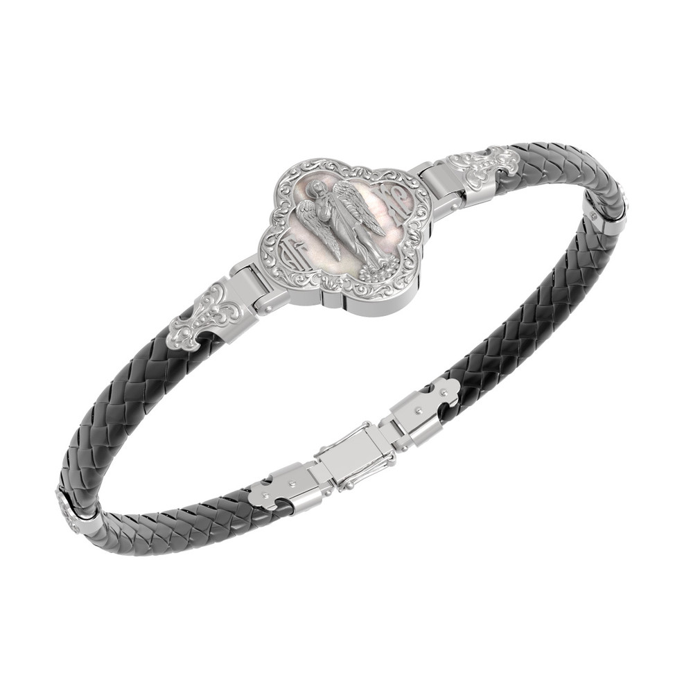 Браслет из белого золота 585 пробы c шнурком и перламутром