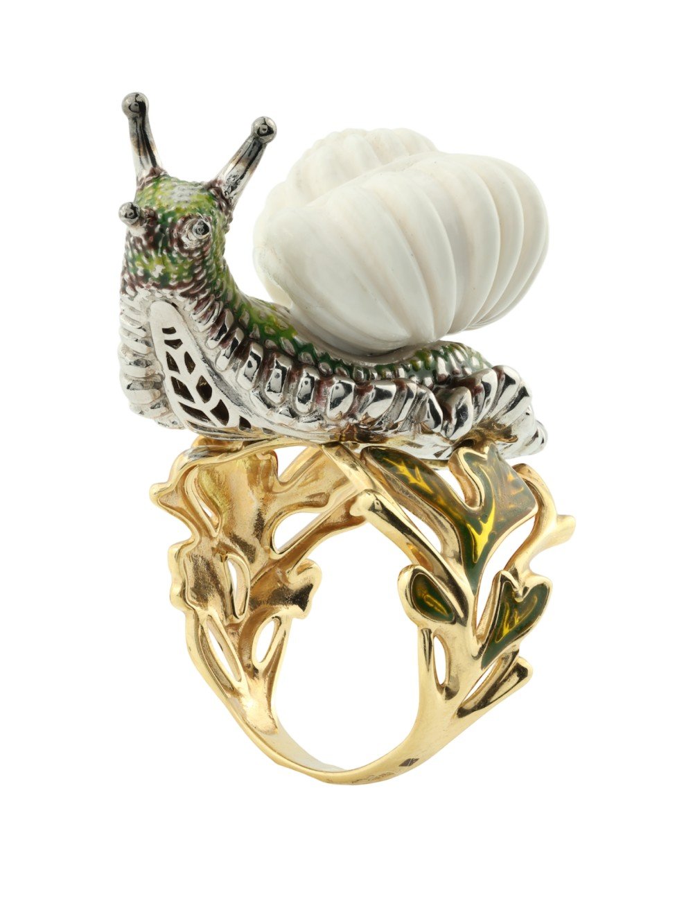 Кольцо из лимонного золота c эмалью и бивнем мамонта