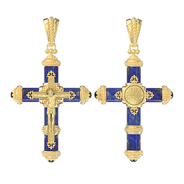 Крест из лимонного золота 585 пробы c ониксом и лазуритом