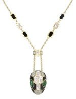 Колье из лимонного золота c бриллиантами, рубином, ониксом, малахитом и перламутром