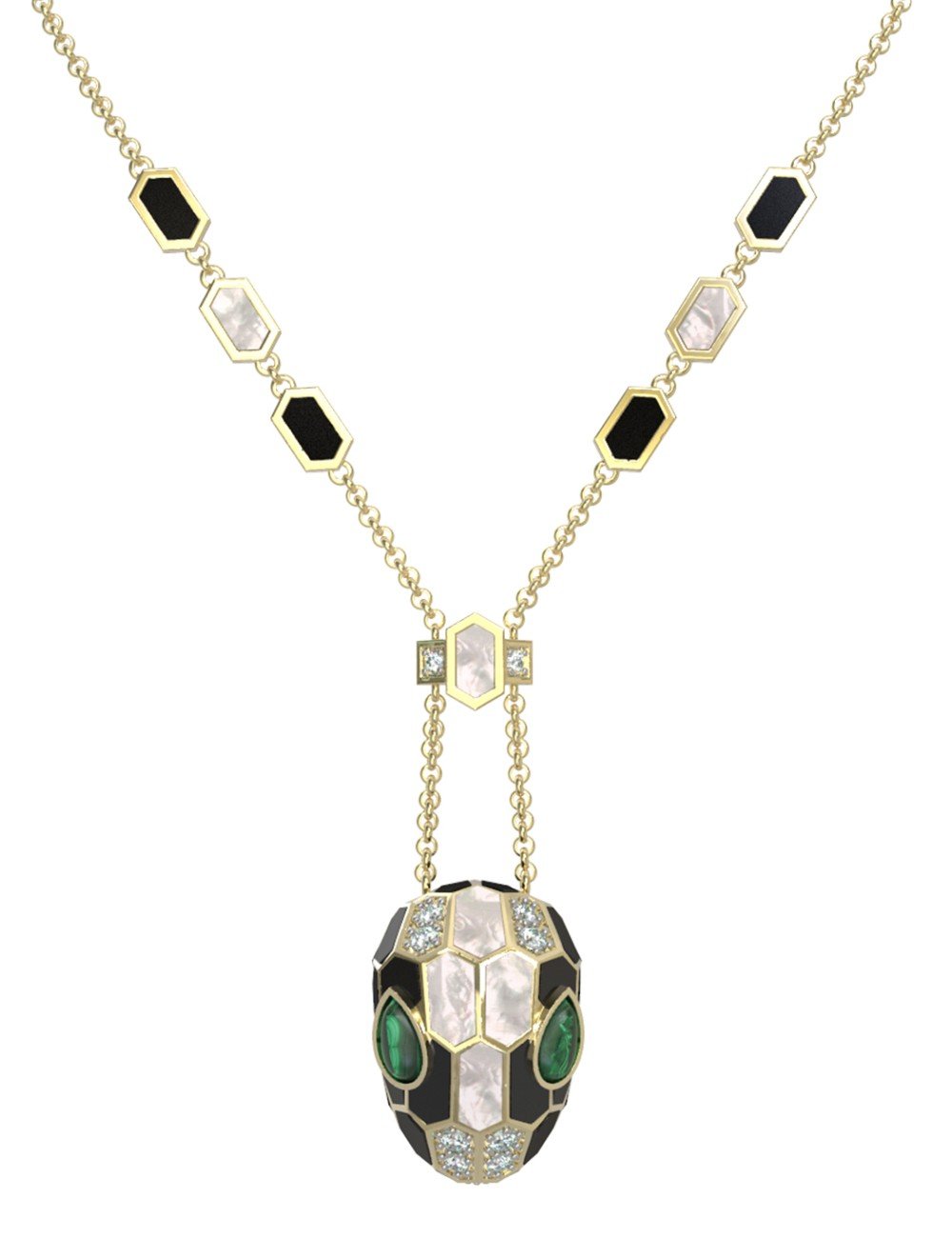 Колье из лимонного золота c бриллиантами, рубином, ониксом, малахитом и перламутром