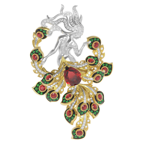 Брошь-подвеска из лимонного золота 585 пробы c фианитом и гранатом