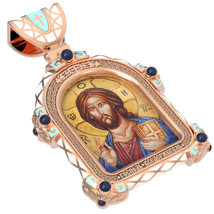 Нательная икона из красного золота 585 пробы c эмалью, иконописью и темперой