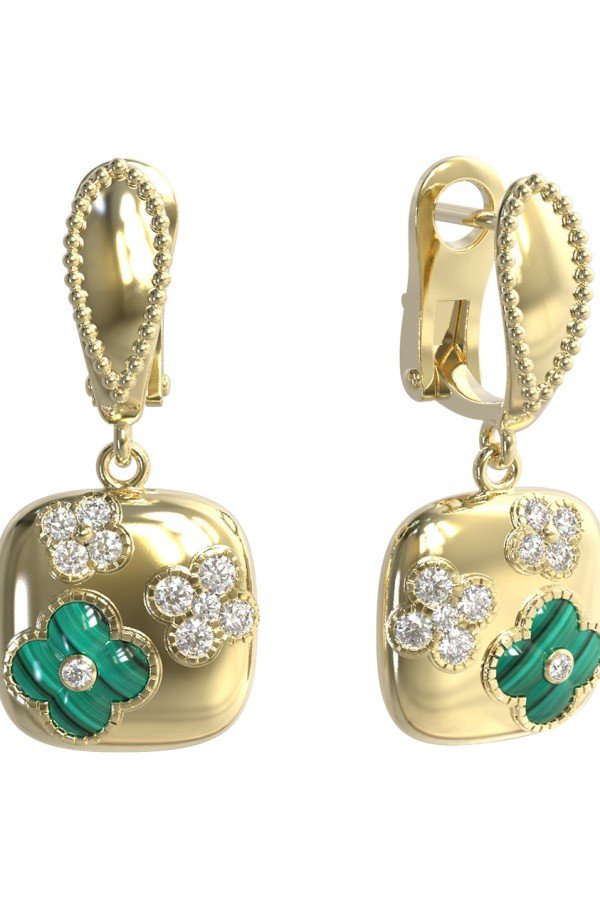 Серьги из лимонного золота c бриллиантами и малахитом