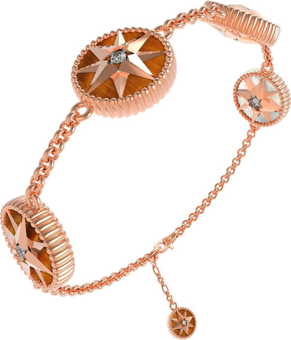 Браслет из красного золота 585 пробы c фианитом, тигровым глазом и перламутром