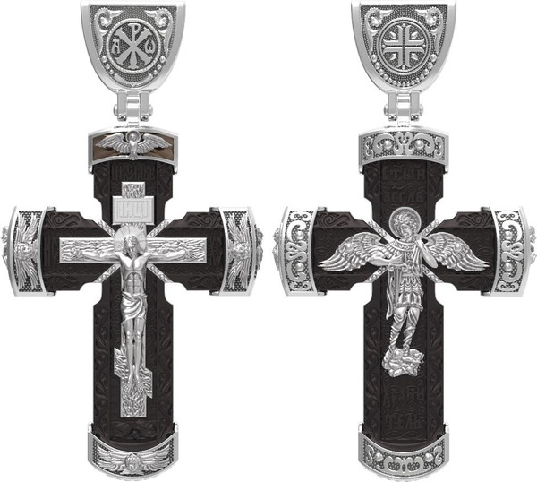 Крест из белого золота 585 пробы c эбеновым деревом