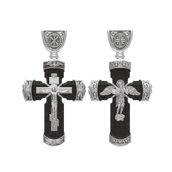 Крест из белого золота 585 пробы c эбеновым деревом