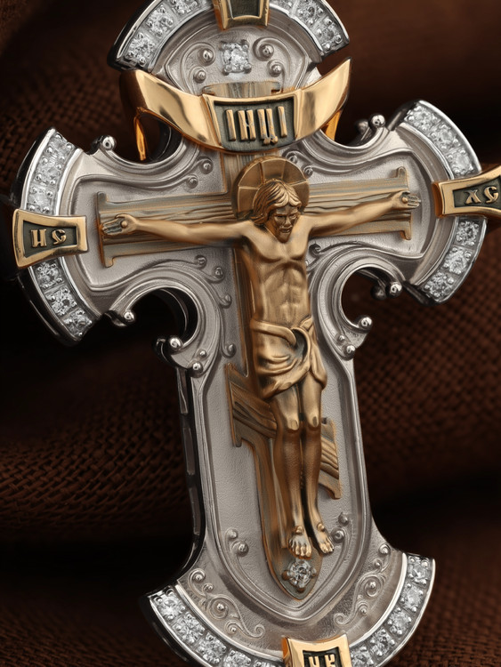 Крест из белого золота 585 пробы c бриллиантами