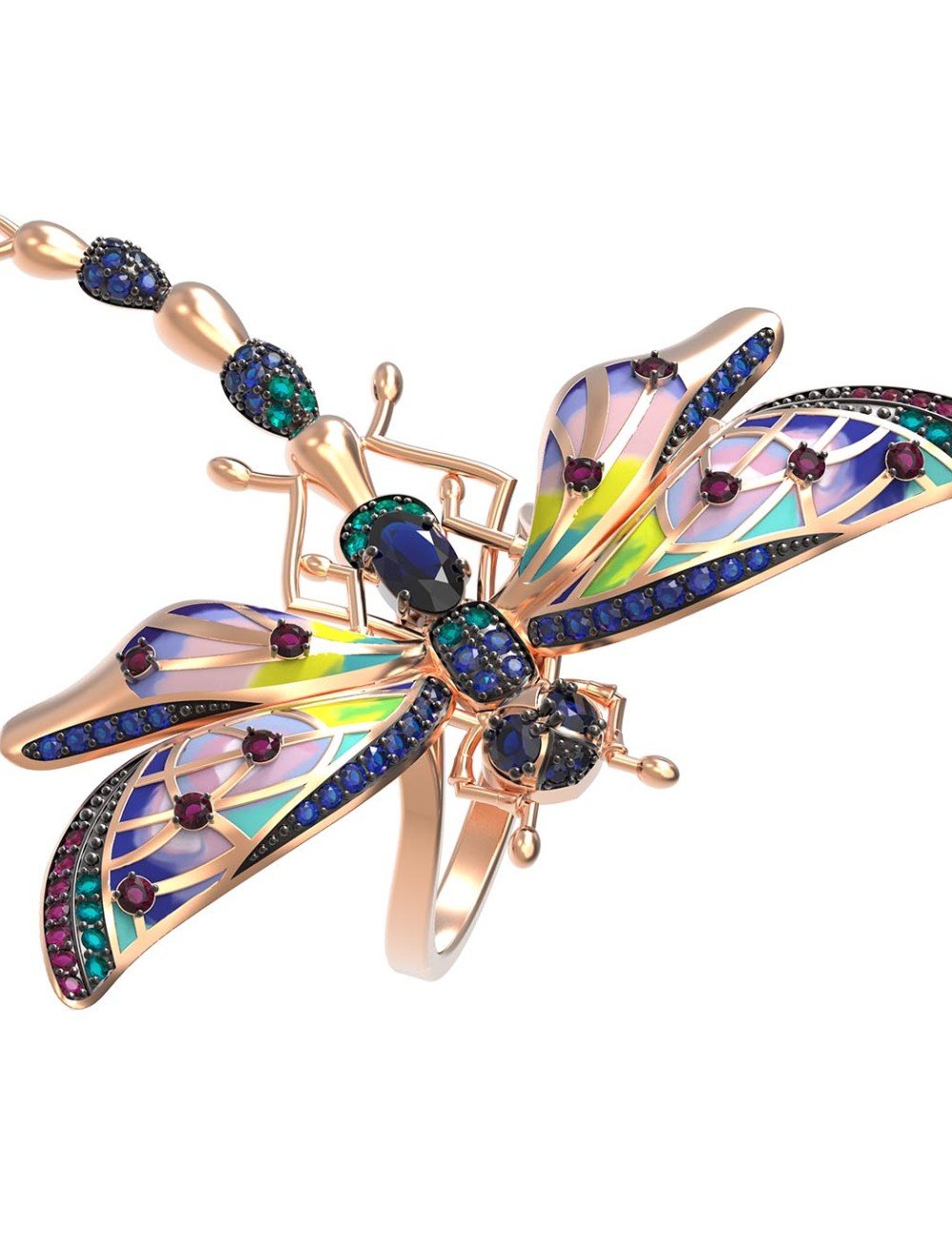 Кольцо из золота c фианитом, рубином, сапфиром и эмалью