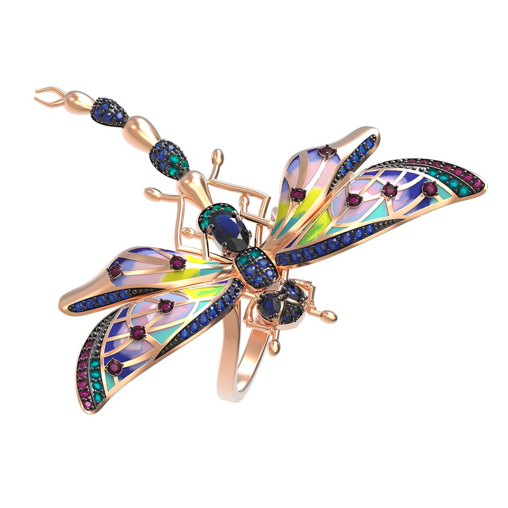 Кольцо из красного золота 585 пробы c фианитом, рубином, сапфиром и эмалью