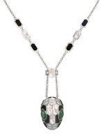 Колье из белого золота c бриллиантами, рубином, ониксом, малахитом и перламутром