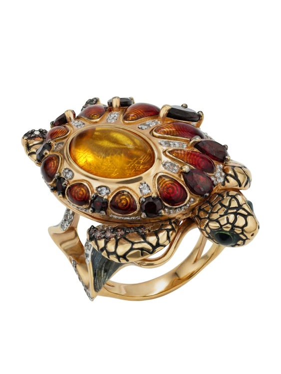 Кольцо из красного золота 585 пробы c эмалью, фианитом, гранатом и янтарём