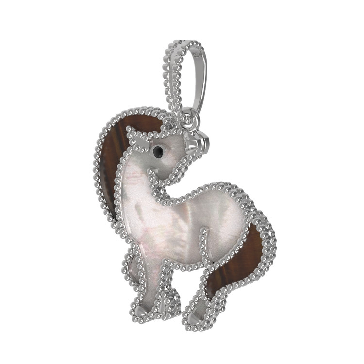 Подвеска из белого золота 585 пробы c эмалью, тигровым глазом и перламутром