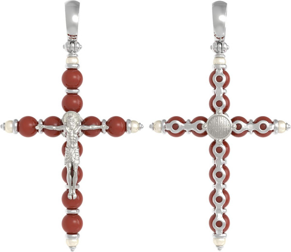 Крест из белого золота 585 пробы c жемчугом и кораллом