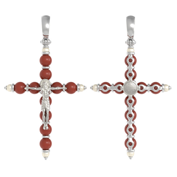 Крест из белого золота 585 пробы c жемчугом и кораллом