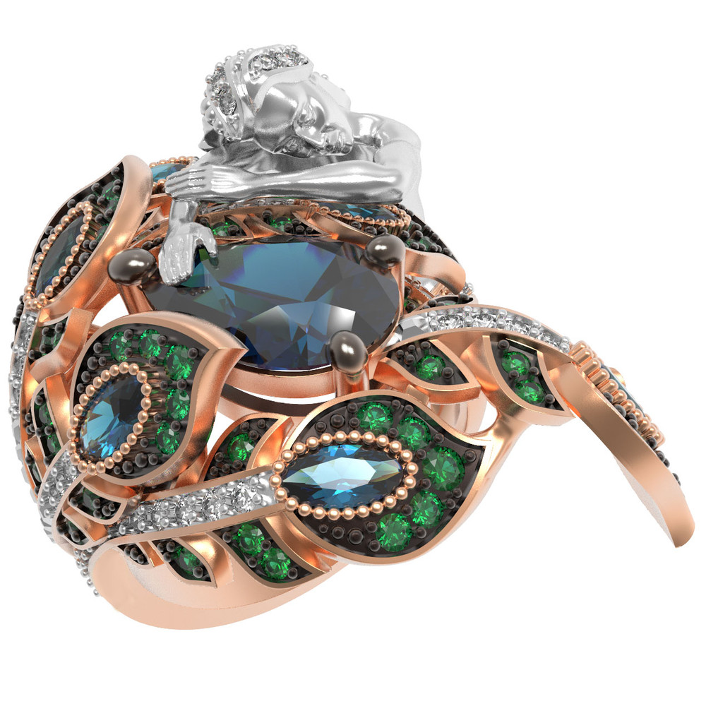 Кольцо из красного золота 585 пробы c фианитом, топазом London Blue и топазом London