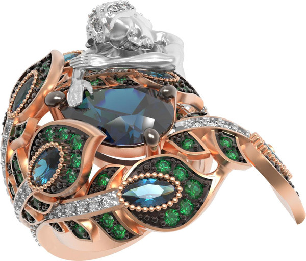 Кольцо из красного золота 585 пробы c фианитом, топазом London Blue и топазом London