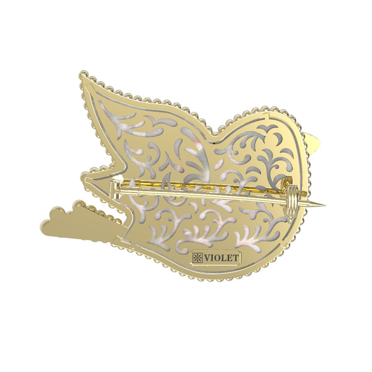 Брошь из лимонного золота 585 пробы c эмалью и перламутром