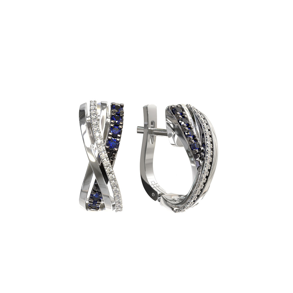 Серьги из белого золота 585 пробы c бриллиантами и сапфиром