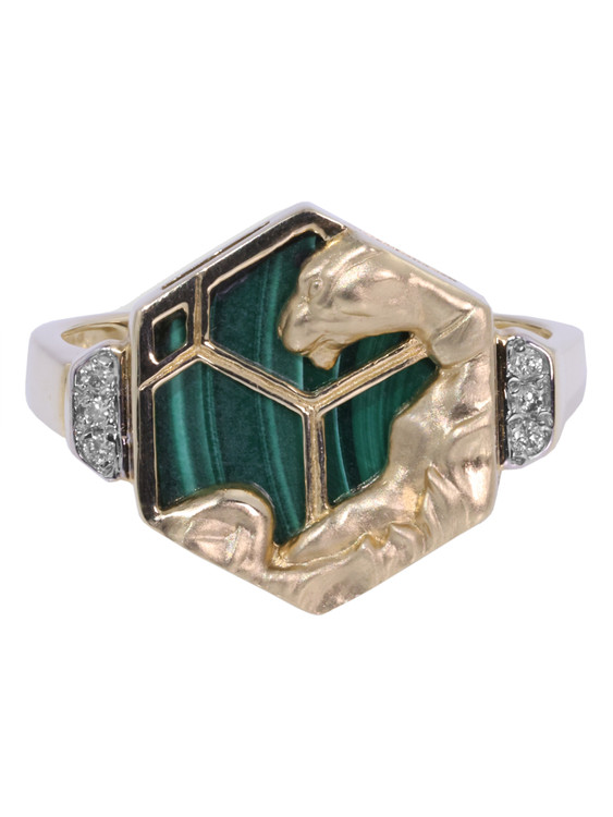 Кольцо из лимонного золота 585 пробы c бриллиантами и малахитом