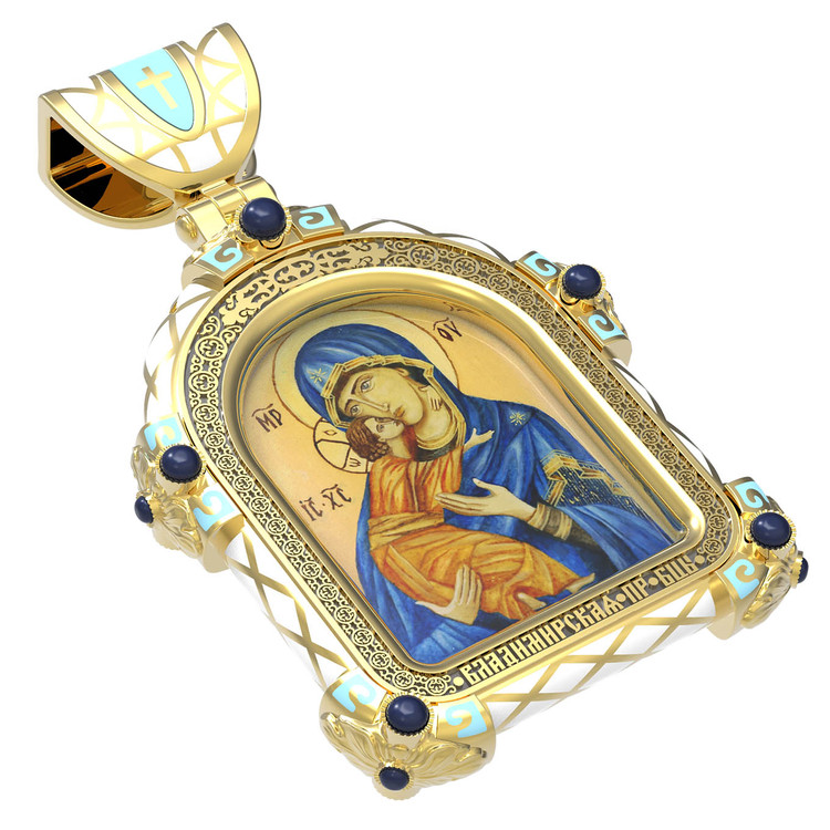 Нательная икона из лимонного золота 585 пробы c эмалью, иконописью и темперой