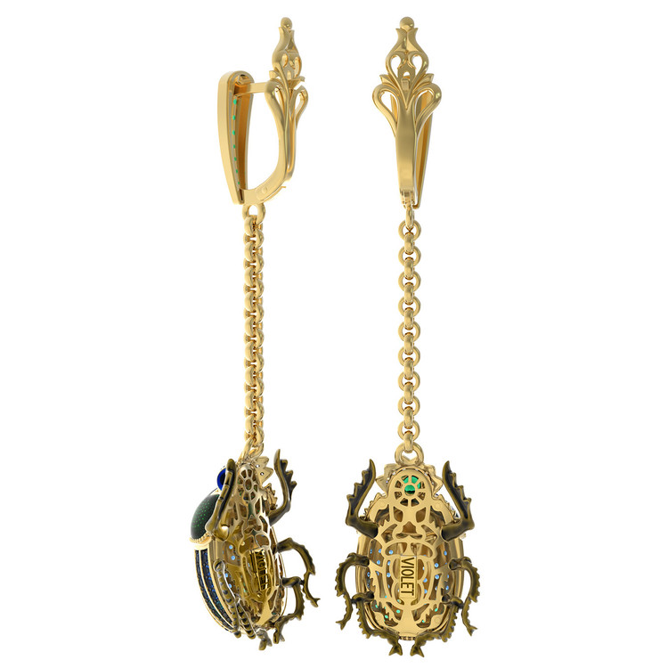 Серьги из лимонного золота 585 пробы c эмалью, фианитом, турмалином и сапфиром