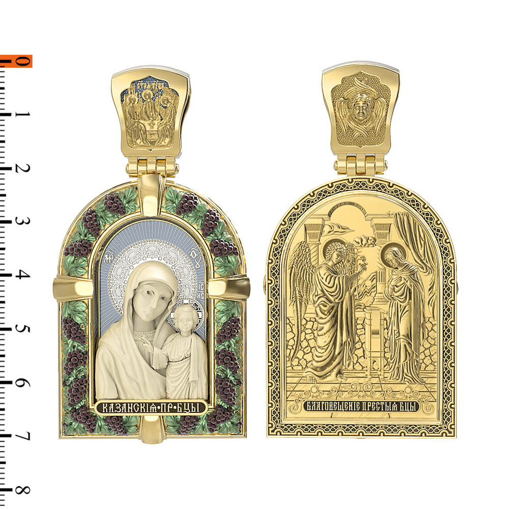 Нательная икона из лимонного золота 585 пробы c эмалью и бивнем мамонта