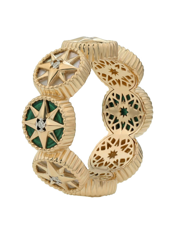 Кольцо из красного золота 585 пробы c бриллиантами, малахитом и перламутром