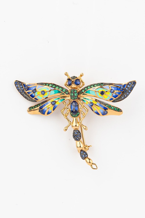 Брошь из красного золота 585 пробы c фианитом, сапфиром и эмалью