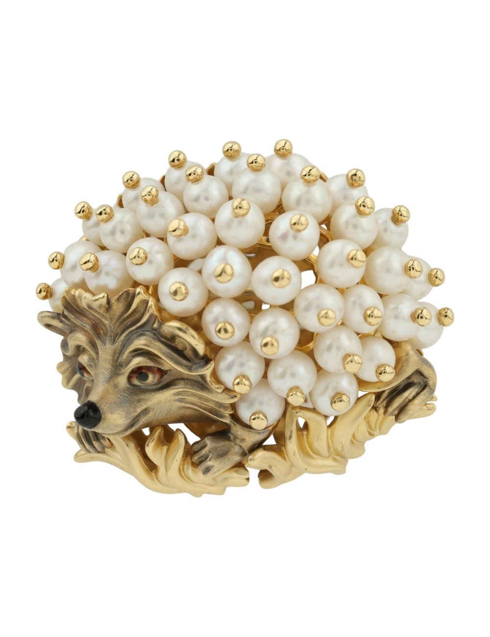 Брошь из лимонного золота c эмалью и жемчугом