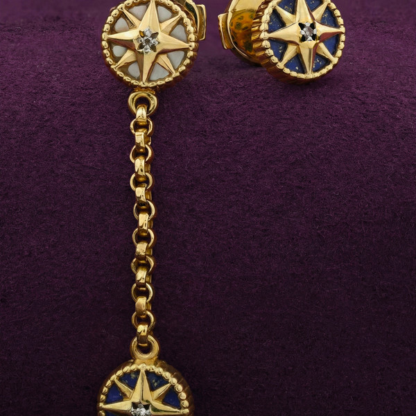 Серьги из лимонного золота 585 пробы c бриллиантами, лазуритом и перламутром