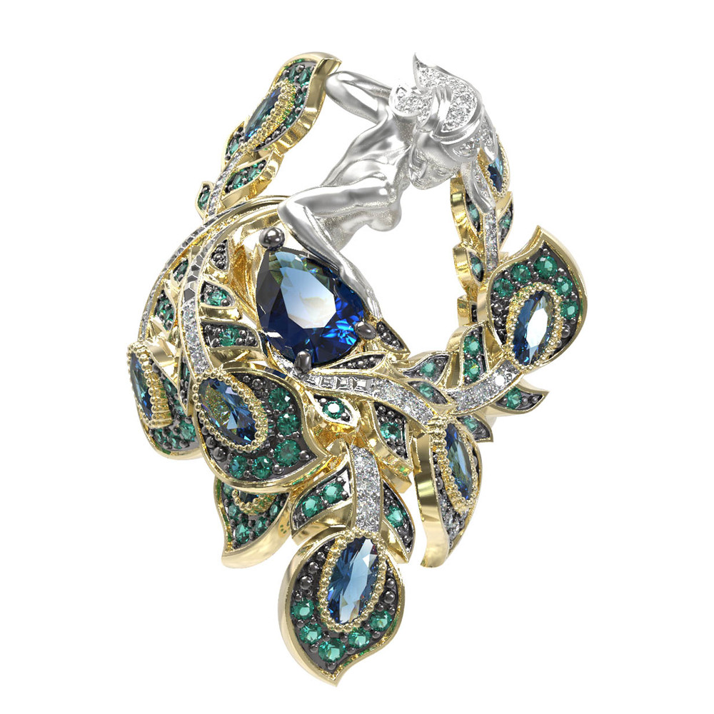 Кольцо из лимонного золота 585 пробы c фианитом и топазом London Blue