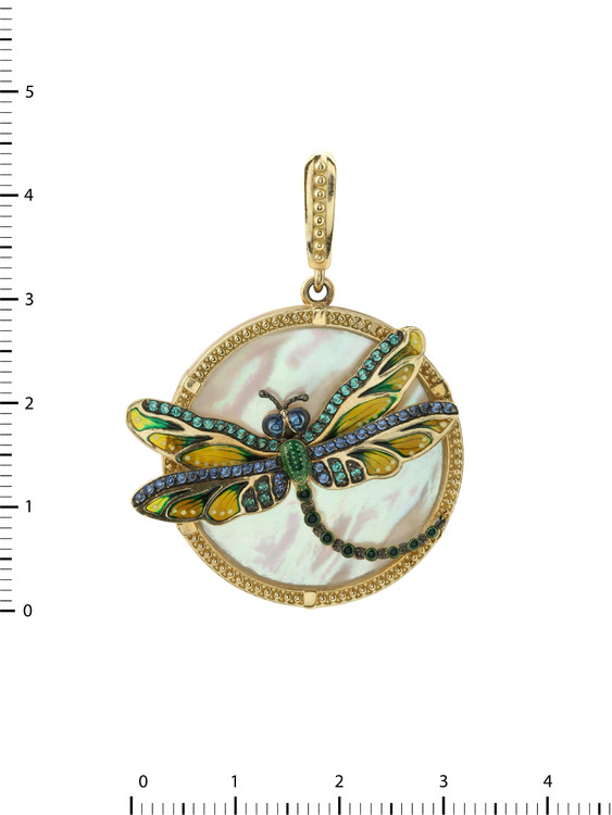 Подвеска из лимонного золота 585 пробы c сапфиром, изумрудом, эмалью и перламутром
